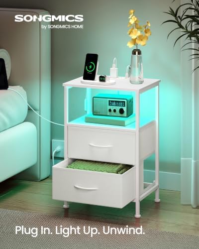 SONGMICS Nightstand with Charging Station, 2 Fabric Drawers
