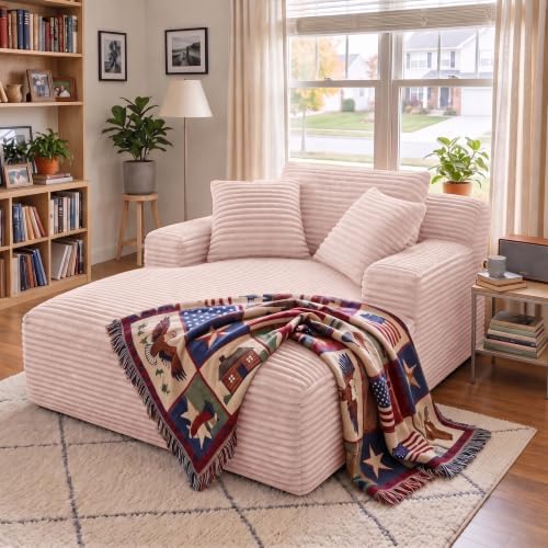 66" Chaise Lounge Chair Indoor, Corduroy Upholstered Reading Chair Oversized Boneless Chair with Deep Seat, Cloud Lounge Chair with 3 Pillows for Living Room, Bedroom, No Assembly Required