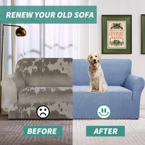YEMYHOM Couch Cover Latest Jacquard Design High Stretch Sofa Covers for 2 Cushion Couch, Pet Dog Cat Proof Loveseat Slipcover Non Slip Magic Elastic Furniture Protector (Medium, Light Blue)