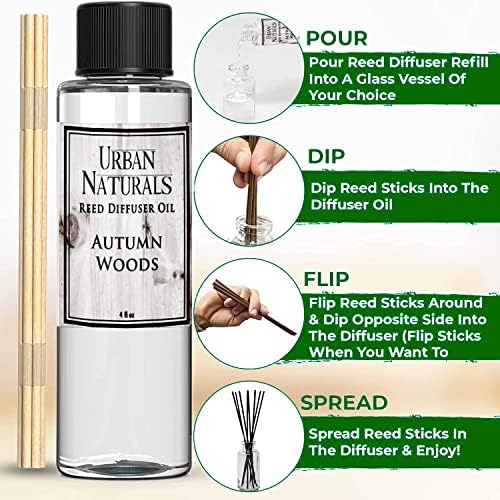 Urban Naturals Reed Diffuser Oil Refill Autumn Woods, Fall Leaves, Cedarwood, Apple Bark, 4 oz + Free Reed Sticks, Made in the USA