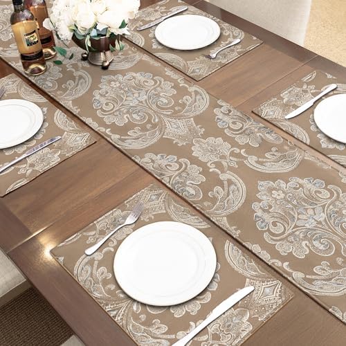 Loom and Mill Damask Floral Table Runner 108 Inches Long, Light Coffee