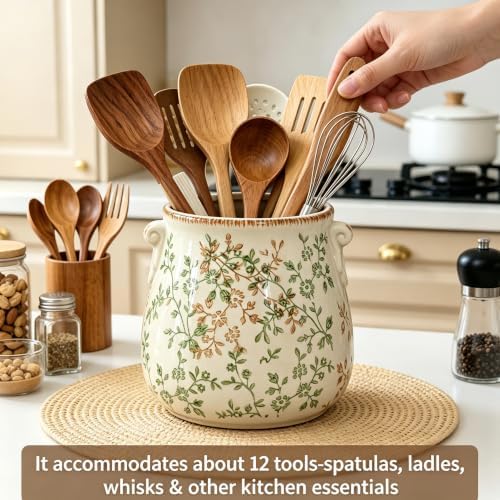 Rustic Ceramic Utensil Holder, Green Floral Farmhouse Counter Crock