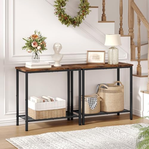 Hoctieon 2 Tier End Table, Sofa Side Table, Narrow Side Table with Storage, Slim Nightstand for Small Spaces, Metal Frame, for Living Room, Bedroom, Sofa Couch, Hall, Rustic Brown