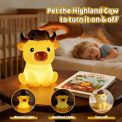 Amaredom Highland Cow Night Light, Silicone, Dimmable, Rechargeable