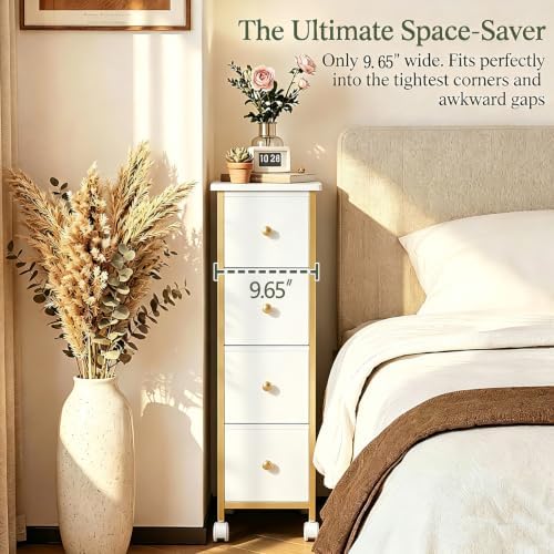 Narrow Side Table with 4 Fabric Drawer, Slim BedsideTable for Bedroom