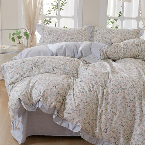 HighBuy Girl Floral Ruffle Duvet Cover Queen,Boho Floral Lace Ruffled 100% Cotton Blue Striped Bedding Coquette,Shabby Vintage Duvet Cover Set Farmhouse Bedding Cooling Breathable for Women
