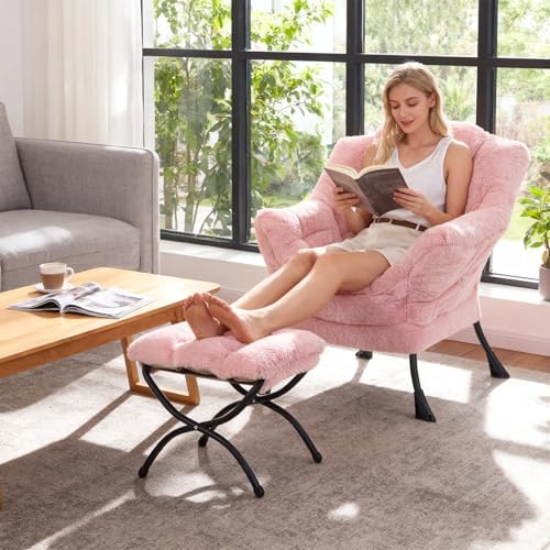 Welnow Lazy Chair with Ottoman, Reading Chair with Footrest, Soft Pink