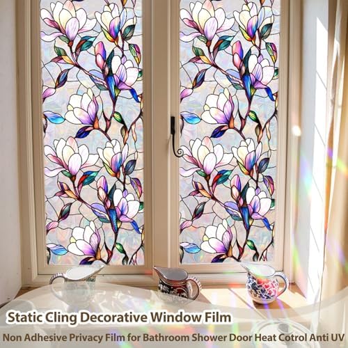 Rainbow Magnolia Stained Glass Window Privacy Film 17.5"x78.7"