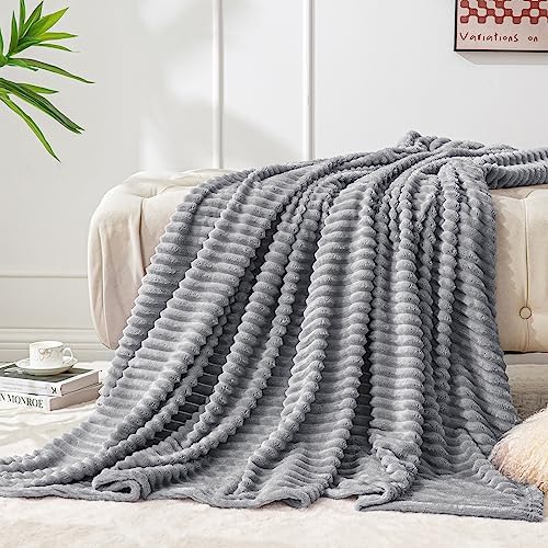 BEDELITE 3D Ribbed Jacquard Grey Fleece Twin Blanket for Bed, 60x80 Inch