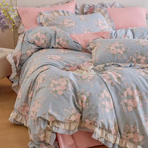 Pink Floral Queen Duvet Cover Blue 100% Cotton Queen Comforter Cover Lace Trim Ruffle Soft Chic Duvet Cover Set with Hidden Zipper Boho Girls Bedding Set French Country Duvet Protector