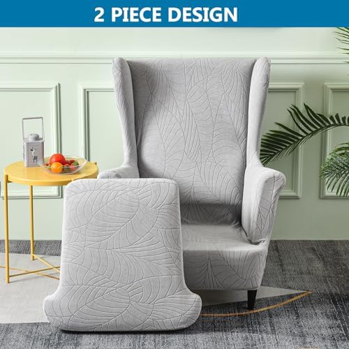 2 Piece Wingback Chair Cover Stretch Jacquard Wing Back Chair Slipcover with Armrest Washable Furniture Protector for Armchair Living Room Bedroom