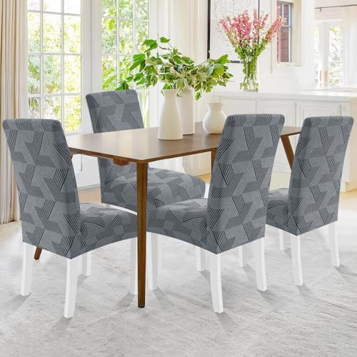 JIVINER Stretch Dining Chair Slipcovers Set of 2, Geometrical Jacquard Dining Chair Covers, Washable Kitchen Chair Covers for Dining Room, Hotel, Party, Light Grey