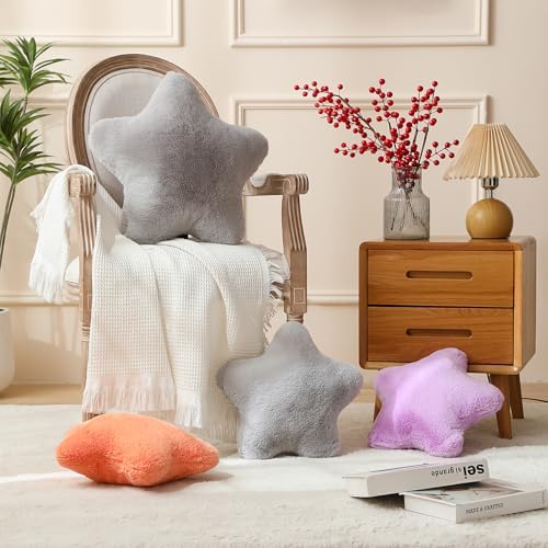 YRXRUS Star Pillows, Christmas Pillows, Light Gray Star Shaped Pillow, Gifts, Cute Plush Throw Pillow Room Decor, Fluffy Faux Rabbit Fur 18"x18", Living Bedroom