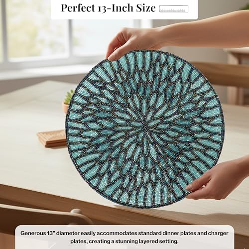 ALPHA Living HOME Beaded Placemats Set of 2, 13 Inch Blue Black Round