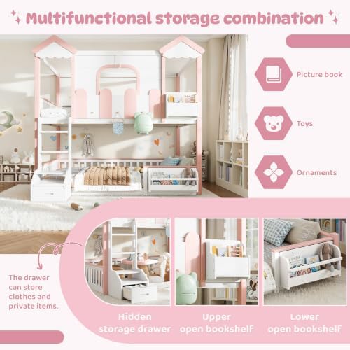 Full Over Full Size House-Shaped Wooden Bunk Bed Frame, White