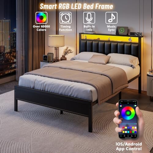 Furnulem Black Full Size Bed Frame with Charging Station & LED Lights