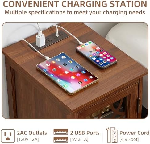 Joaxswe Narrow Side Table Set 2 with Charger, Glass Door Storage