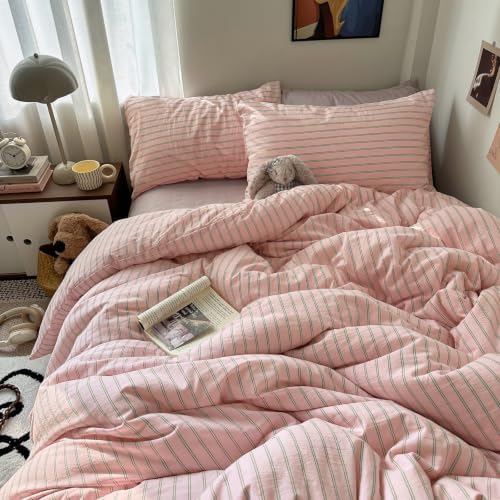 Vintage Striped Duvet Cover Queen 3 Pieces 100% Washed Cotton Bedding Set