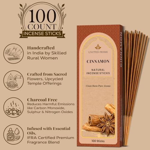 Pure Cinnamon Incense, 100 Insence Sticks, No Charcoal Clean Burning Stick Inscent, 100% Natural Organic Non Toxic, Sustainably Harvested, Spiritual Healing Positive Vibes Incense