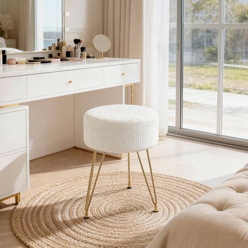 DUMOS Vanity Chair, Velvet Vanity Stool, Round Ottoman Foot Rest, Beige