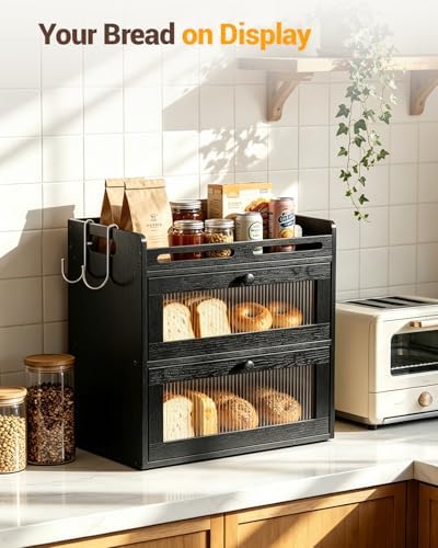 Bread Box for Kitchen Countertop, 2-Tier Bamboo Storage with Raised Shelf