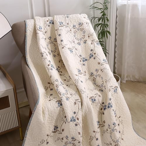 vctops 100% Cotton Quilted Throw Blanket 50x60 Inch Floral Embroidered Reversible Patchwork All Season Throw (Blue,50"x60")