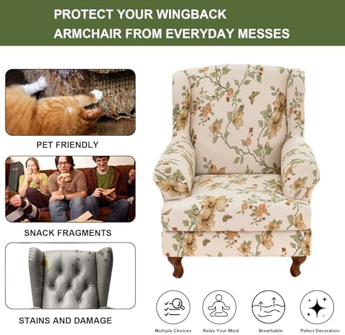 HAOYONG Wing Chair Slipcovers Stretch Wingback Chair Covers Printed 2 Pieces Wingback Armchair Slipcover Elastic Chair Slip Covers Washable Armchair Protector Cover for Living Room and Bedroom