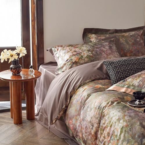 Garden Flower Duvet Cover Set Queen,3 Pieces Pink Floral Duvet Cover with 2 Pillow Shams Smooth Silky Long Staple Cotton Bedding Set-Queen,90x90 Inch