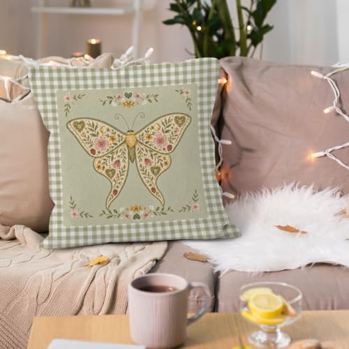 Cottagecore Luna Moth Green Gingham Throw Pillow Cover 18x18