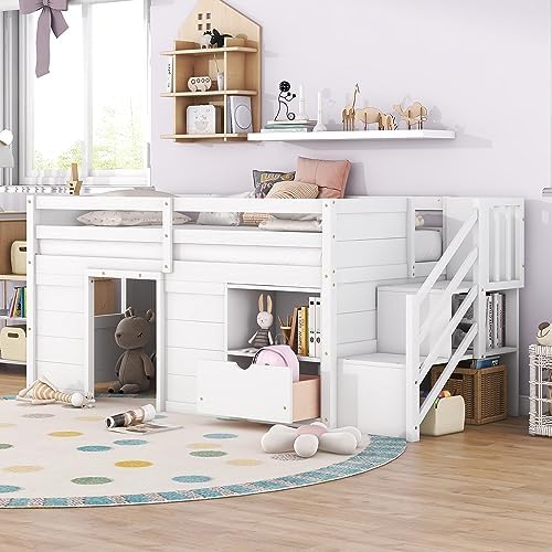 Bellemave Twin Size Low loft Bed for Kids,Wood Loft Beds,Modern Farmhouse Twin loft Bed,Loft Bed with Desk and Storage, No Box Spring Needed,for Kids,White