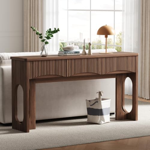 63" Fluted Console Table with 3 Storage Drawers,Walnut