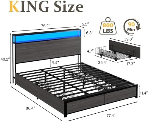 Lifezone King Bed Frame with 2-Tier Storage Headboard, Metal Platform Bed Frame with 4 Storage Drawers, Built in Charging Station & LED, Noise-Free/Metal Support/No Box Spring Needed, Rustic Grey