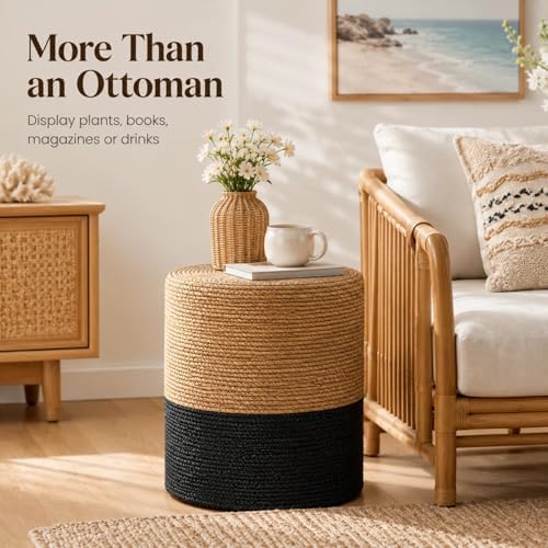 14" Boho Pouf Patio Ottomans Natural Straw Handweave Rustic Round Footstool