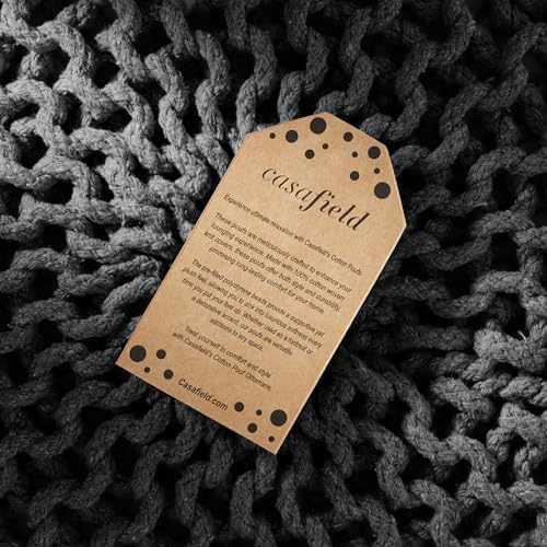 Casafield Round Pouf Ottoman, Black - 20" Diameter x 14.5" High Cotton Knit Foot Stool - Boho Floor Pouffe for Living Room, Bedroom, Home Office