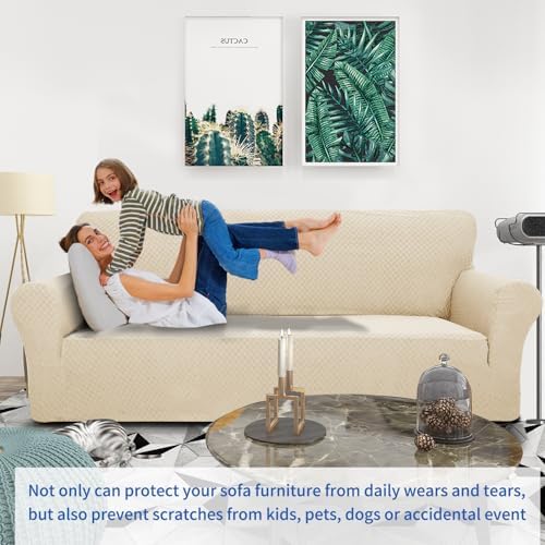 ZNSAYOTX 1 Piece Jacquard Couch Covers for 2 Cushion Couch High Stretch Loveseat Slipcover for Pets Dogs Anti Slip Love Seat Sofa Slipcover Furniture Protector (Loveseat, Light Beige)