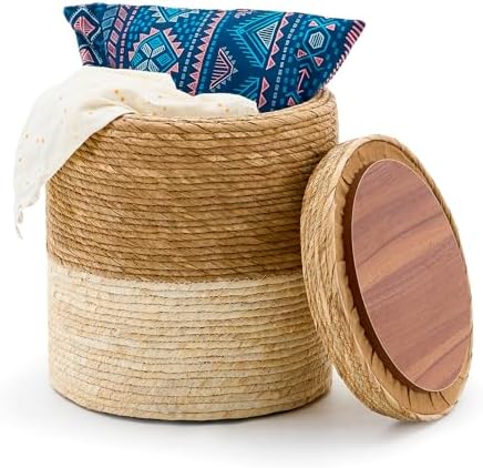 14" Natural Grass Round Storage Pouf Ottoman Handwoven Pouffe Rattan Stool