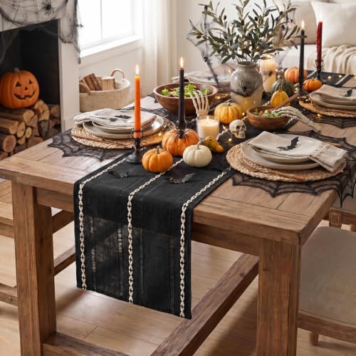 Artoid Mode Black Rustic Cotton Linen Table Runner 13x90 Inch