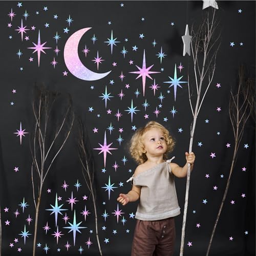 Retro Star Wall Decals Sparkle Wall Decor Stickers Rainbow Stars Moon Decal