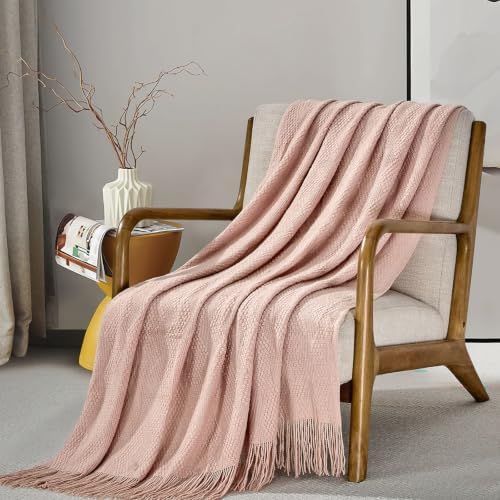 BOURINA Pink Throw Blanket 50x60 Inches Throw Textured Solid Soft Ripple Throws and Blankets for Sofa or Bed Knitted Decorative Throw