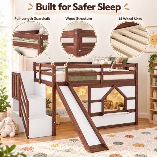 Twin Loft Bed with Slide for Kids, LED & Storage, Walnut White