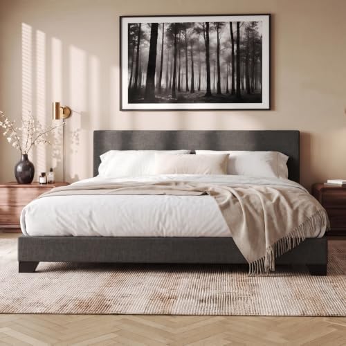 Allewie King Size Upholstered Bed Frame Adjustable Headboard, Dark Grey