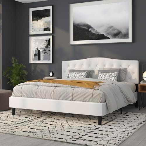 Flash Furniture Cambridge Button Tufted and Diamond Stitched Upholstered King Size Headboard in White Fabric