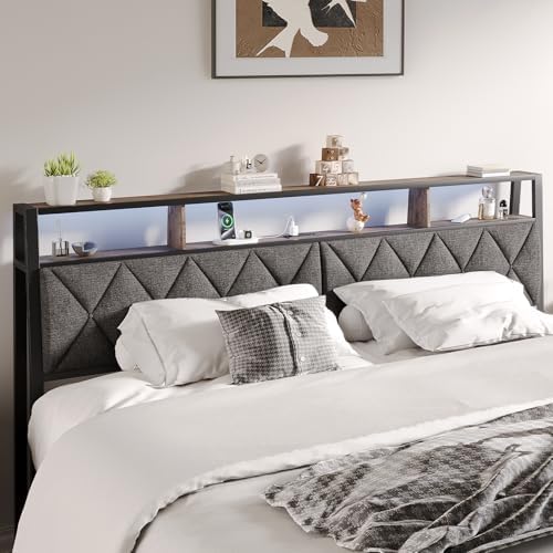 Headboard Queen Size with Storage, Charging Station & Lights, Dark Grey
