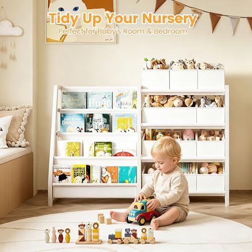 Toy Storage and Kids Bookshelf, toy organizer with 9 Bins+ 4 Tier Bookshelf