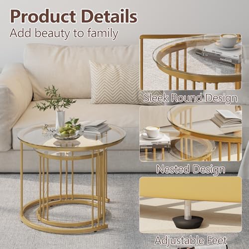 Garden 4 you Nesting Coffee Table, 23.6" Round Coffee Table Set of 2, Glass Nesting Table with Metal Frame, Ceter Tables for Living Room Bedroom Balcony, Gold