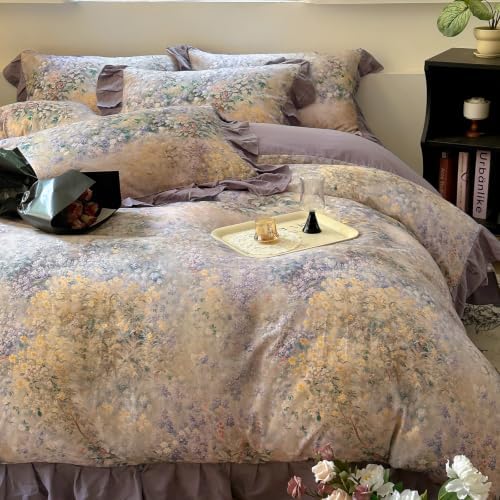 Double Gauze Duvet Cover Set Twin Puprle Ruffle with Flower