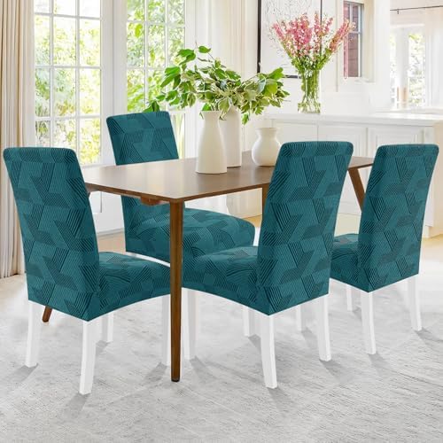 JIVINER Stretch Dining Chair Slipcovers Set of 2, Geometrical Jacquard Dining Chair Covers, Washable Kitchen Chair Covers for Dining Room, Hotel, Party, Peacock Blue