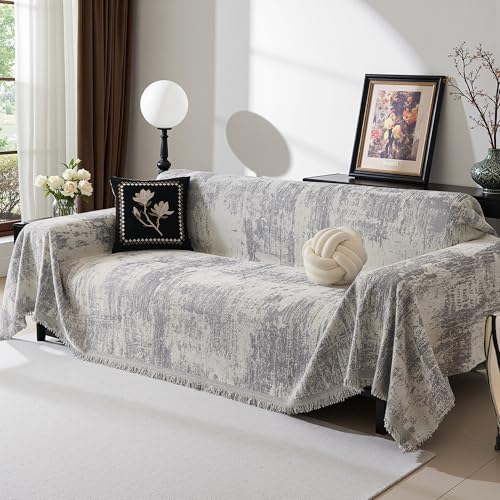 MEETSKY Small Boho Couch Cover Sofa Covers Washable, Chenille Soft Throws Cover for Love seat, Abstract Geometric Sofa Slipcover Multi-Use Furniture Protector for Dogs Pets, 71" x 102", Light Grey
