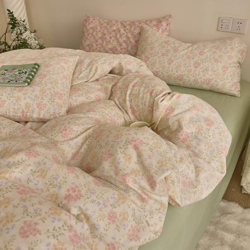 Pink Floral Duvet Cover Set Muslin Cotton Queen(90"x90"),Pink/Yellow