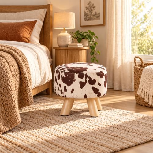 Small Round Ottoman Foot Stool, 10.4" H Footrest for Under Desk & Mini Spaces, Upholstered Linen Fabric Accent Stool for Living Room & Bedroom, Brown Cow